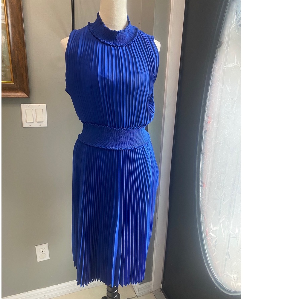 Nanette Lepore Royal Blue Pleated Mock Neck Smocked Waist Midi Dress Womens 14